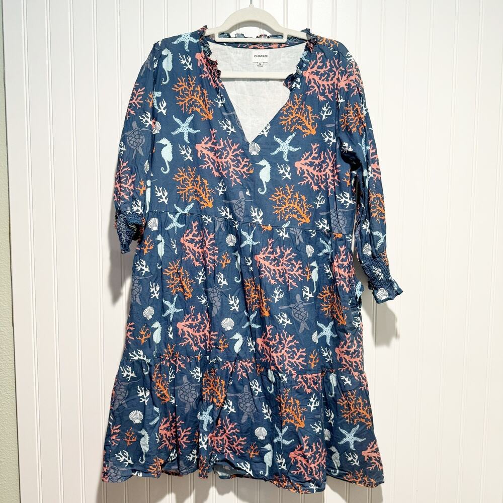 Charlee Blue Cotton Ruffled Dress Sea Life Starfish Seahorses Coral Size XL